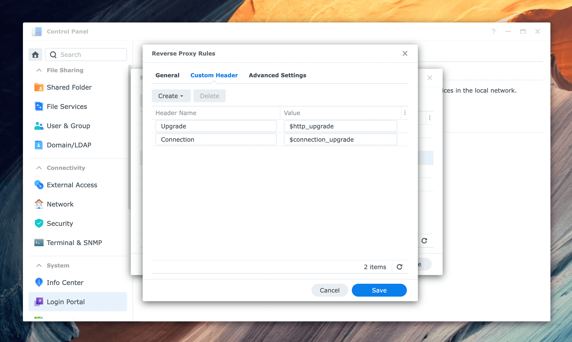 Screenshot of DSM reverse proxy header settings