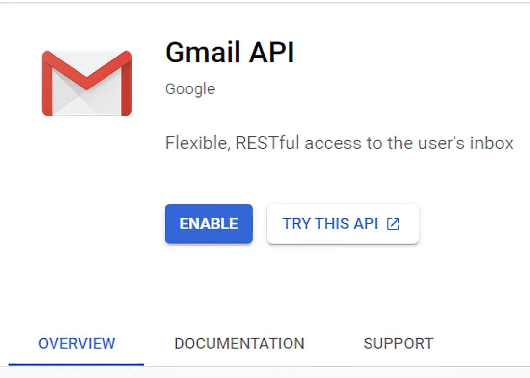 Google Cloud Console interface with the Gmail API highlighted and enabled for a project.