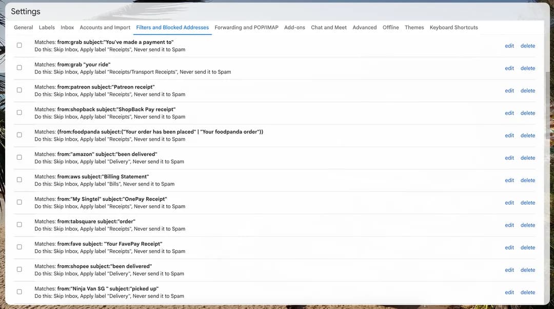 Gmail filter settings page showing multiple filters in the default UI