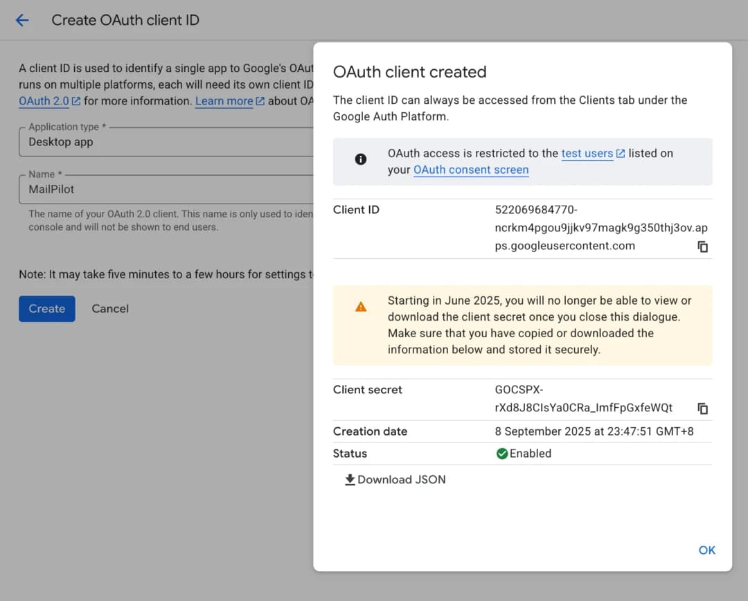 Google Cloud Console credentials page showing OAuth 2.0 Client ID setup for a desktop app.