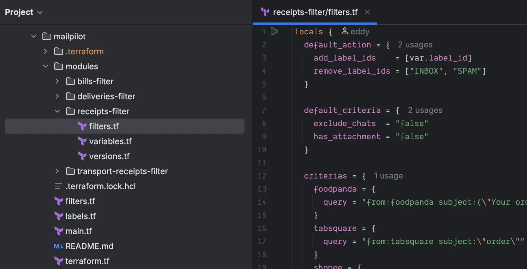 Project directory tree showing modules folder with receipts submodule for Gmail filters.