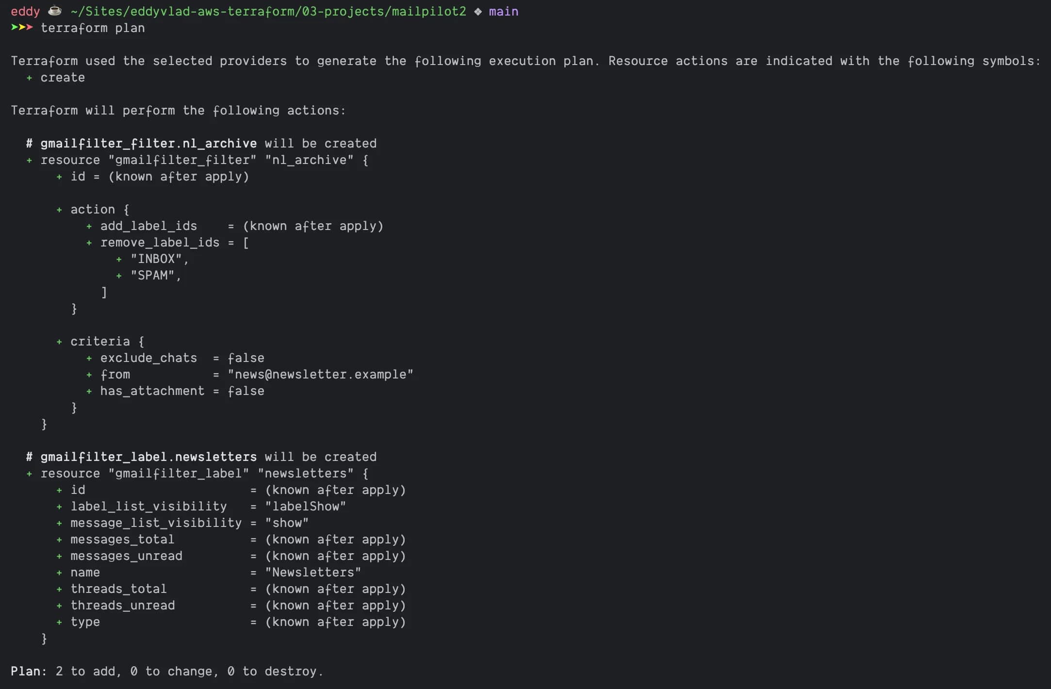 Terminal output from terraform plan showing planned creation of Gmail labels and filters.