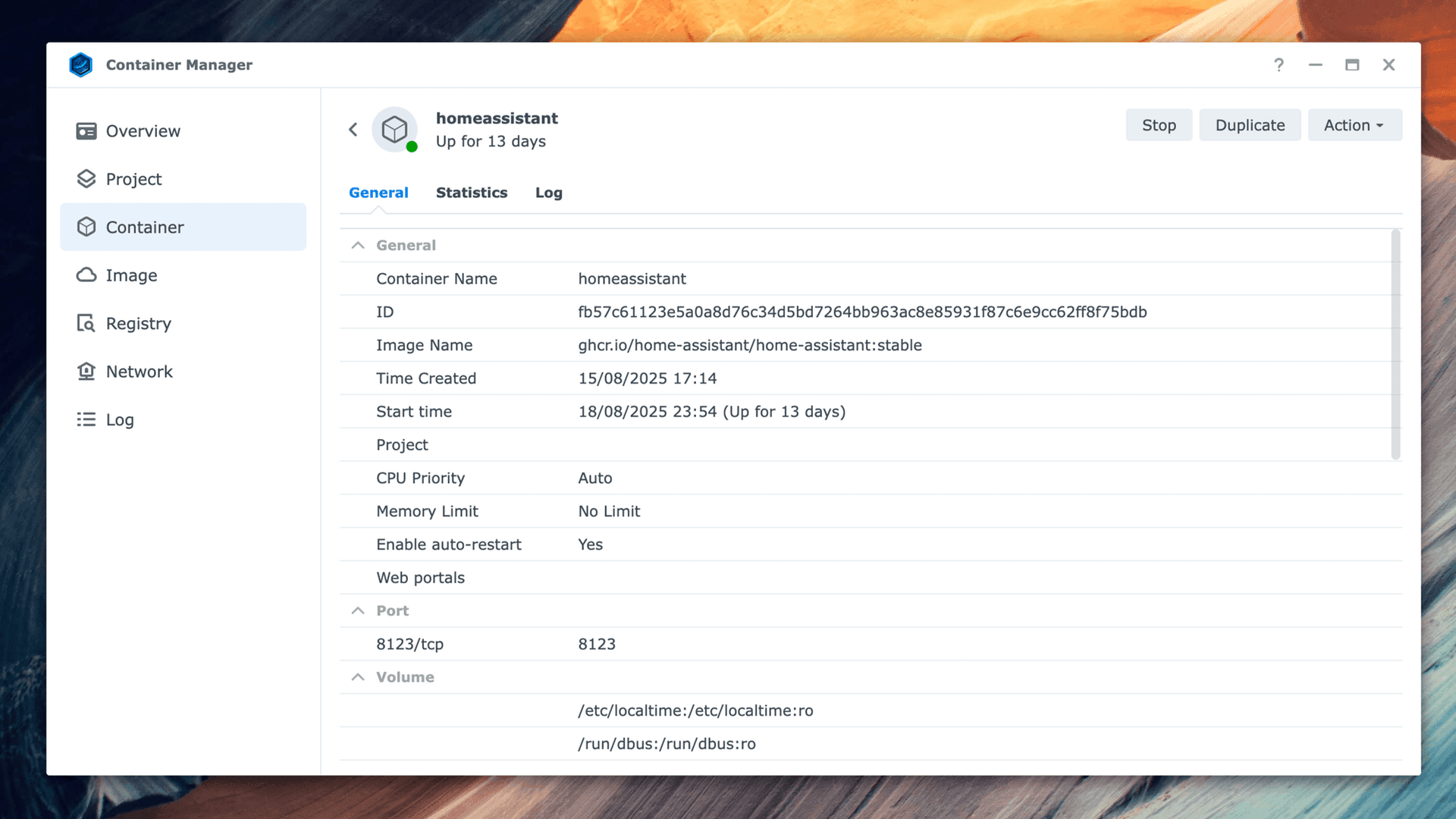 Home Assistant container running in Synology's Container Manager. Screenshot of the Home Assistant container in Synology Container Manager.