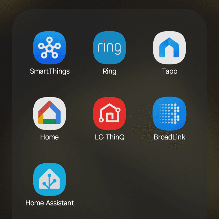 My smartphone home folder before I set up Home Assistant. Screenshot of a smartphone folder showing icons for SmartThings, Ring, Tapo, Home, LG ThinQ, BroadLink, and Home
Assistant.